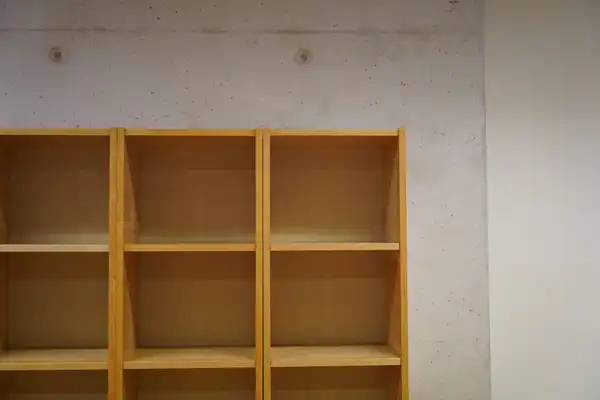 Empty pale wooden shelves against a smooth concrete wall.