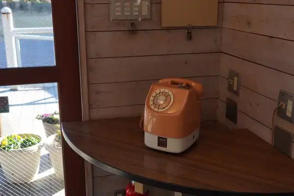 An orange rotary telephone on a curved wooden shelf in the corner of a wood-panelled booth.